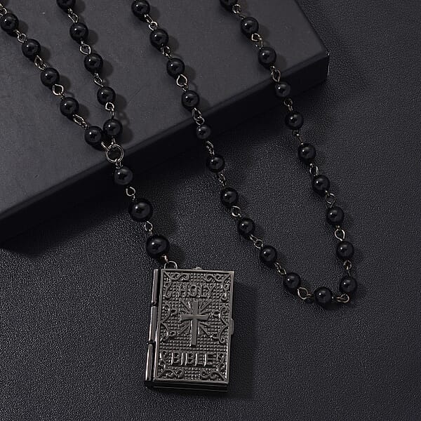 Genoa Black Obsidian 145.00 Ctw Japanese Movement Bible Pocket Watch With Chain 36 Inches In Aged Black Silvertone