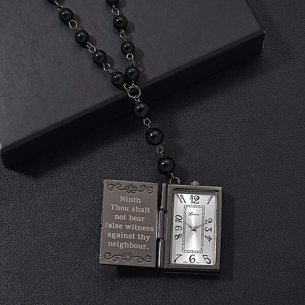Genoa Black Obsidian 145.00 Ctw Japanese Movement Bible Pocket Watch With Chain 36 Inches In Aged Black Silvertone