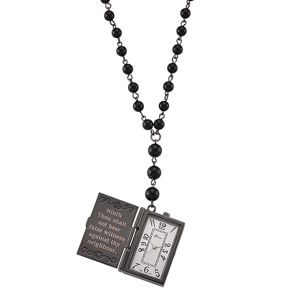 Genoa Black Obsidian 145.00 Ctw Japanese Movement Bible Pocket Watch With Chain 36 Inches In Aged Black Silvertone