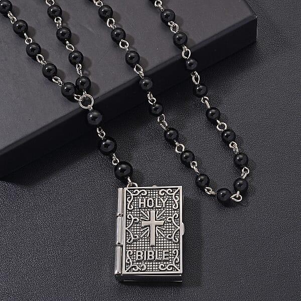 Genoa Black Obsidian 145.00 Ctw Japanese Movement Bible Pocket Watch With Chain 36 Inches In Silvertone