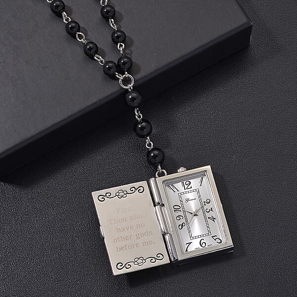 Genoa Black Obsidian 145.00 Ctw Japanese Movement Bible Pocket Watch With Chain 36 Inches In Silvertone