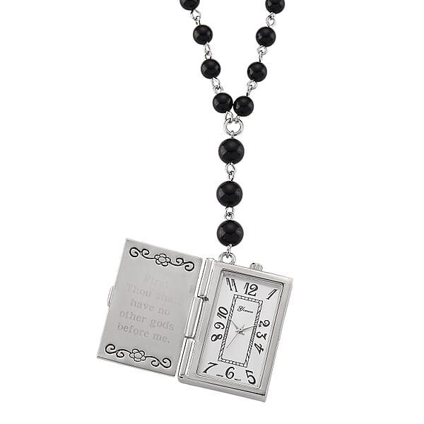 Genoa Black Obsidian 145.00 Ctw Japanese Movement Bible Pocket Watch With Chain 36 Inches In Silvertone