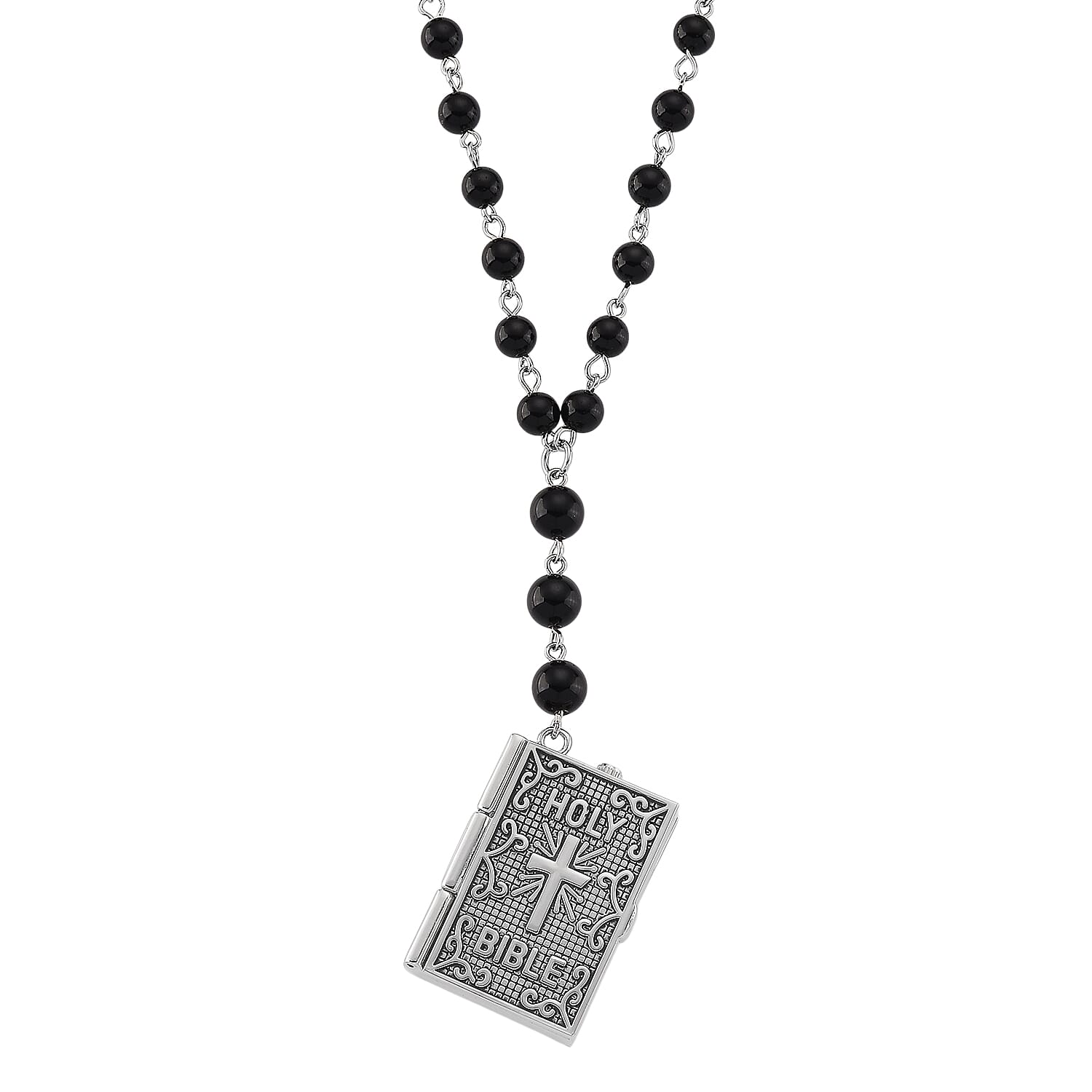 Genoa Black Obsidian 145.00 ctw Japanese Movement Bible Pocket Watch with Chain 36 Inches in Silvertone