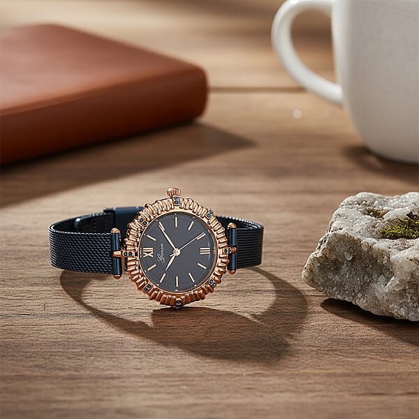 Genoa Blue Austrian Crystal Japanese Movement Watch With ION Plated Blue Stainless Steel Mesh Strap