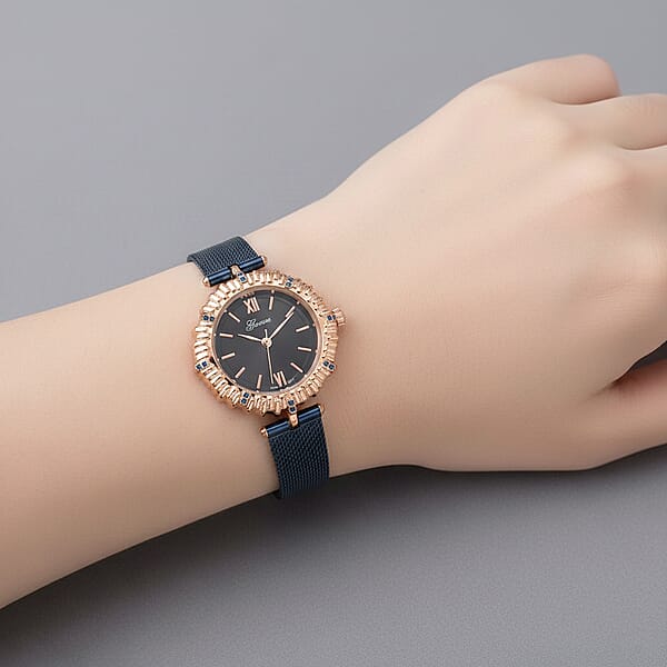 Genoa Blue Austrian Crystal Japanese Movement Watch With ION Plated Blue Stainless Steel Mesh Strap