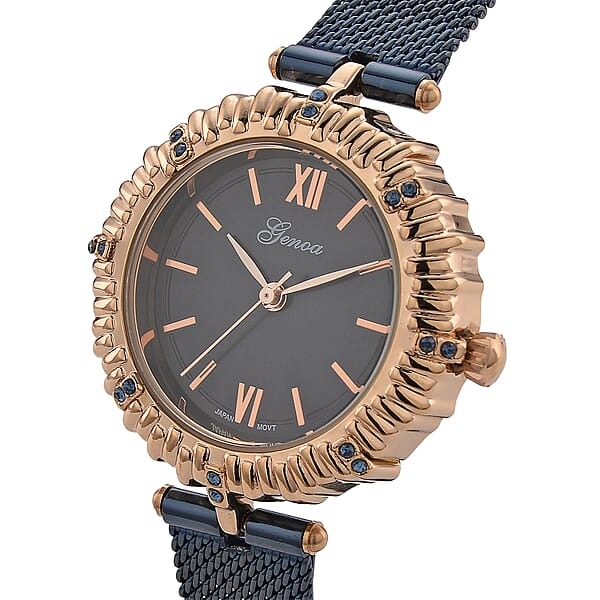 Genoa Blue Austrian Crystal Japanese Movement Watch With ION Plated Blue Stainless Steel Mesh Strap
