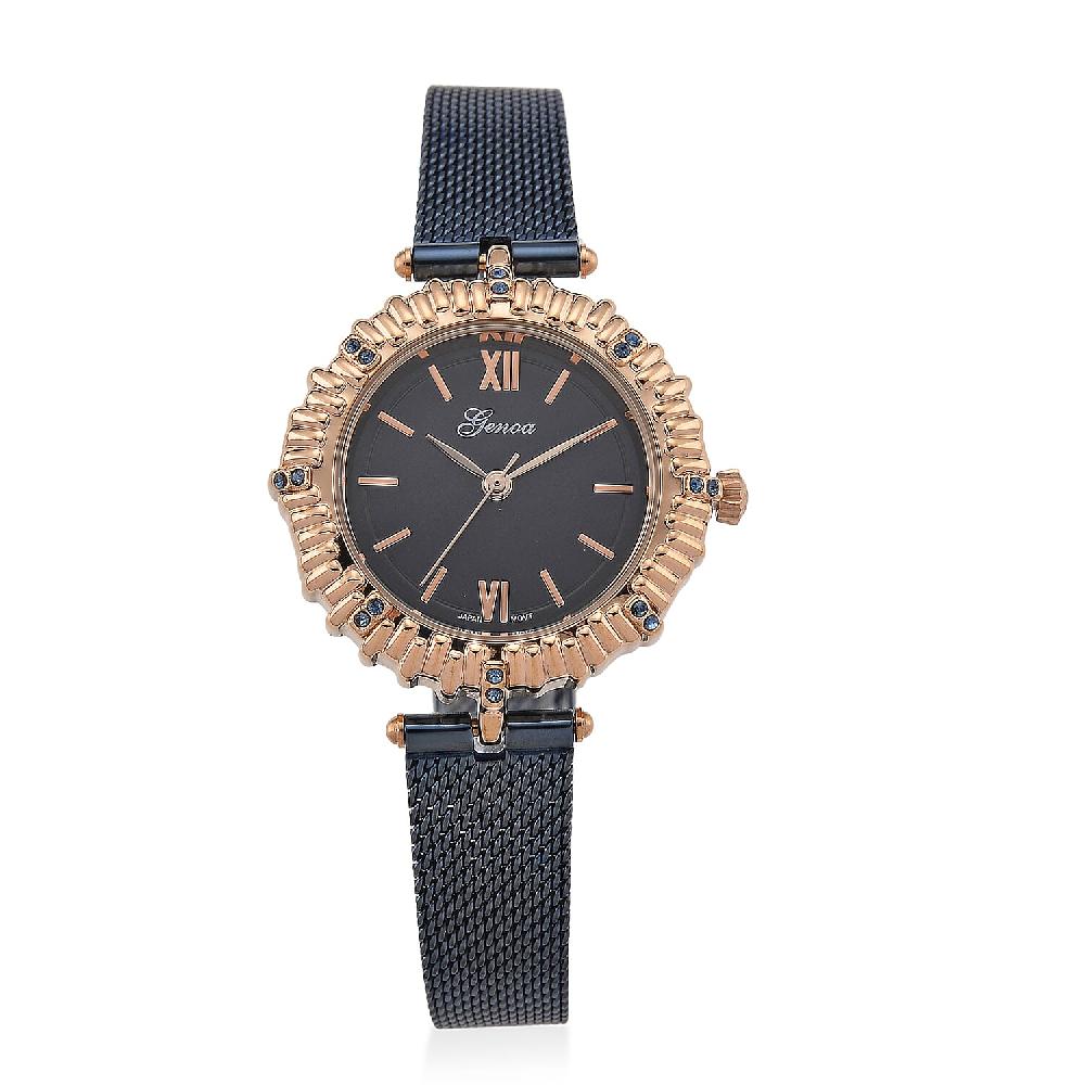 Genoa Blue Austrian Crystal Japanese Movement Watch with ION Plated Blue Stainless Steel Mesh Strap