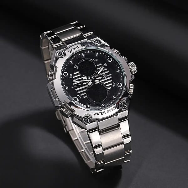Genoa Japanese And Electronic Movement Multifunctional Key Silver Dial Watch In Stainless Steel Strap