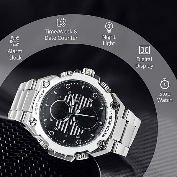Genoa Japanese And Electronic Movement Multifunctional Key Silver Dial Watch In Stainless Steel Strap