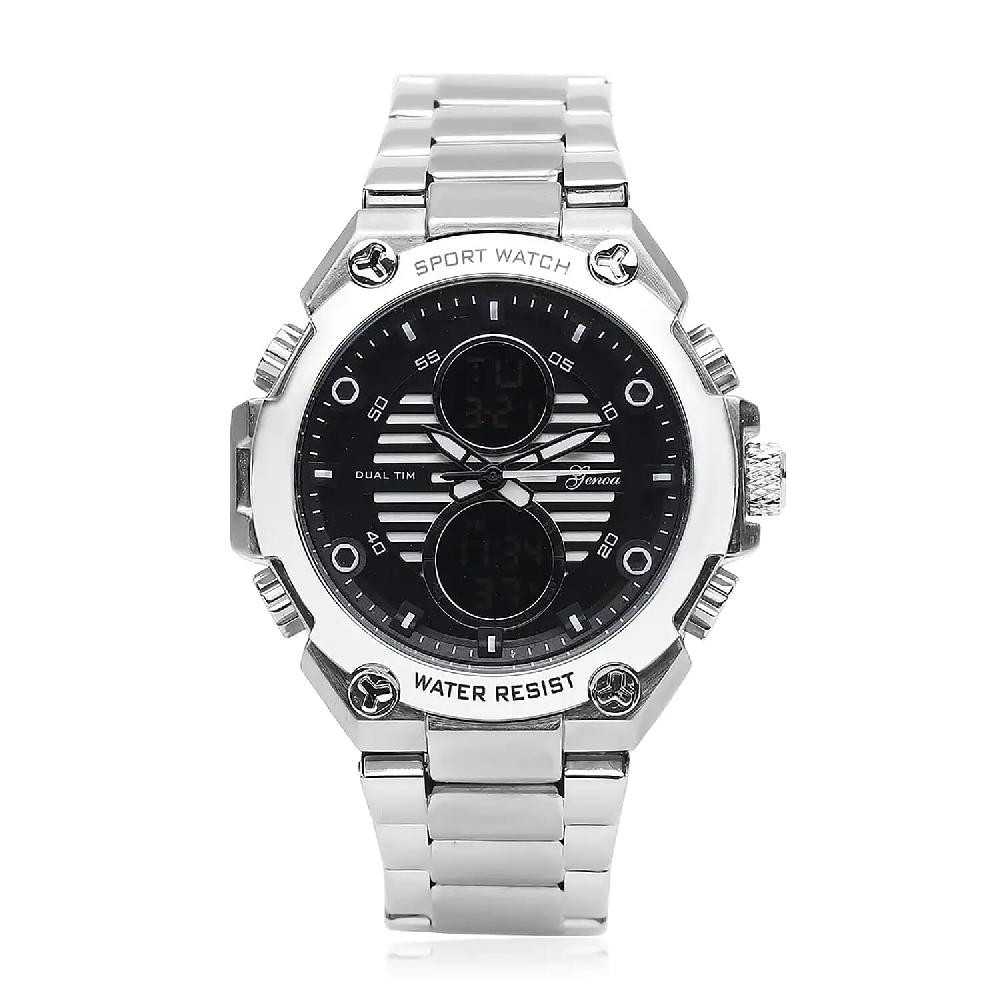 Genoa Japanese and Electronic Movement Multifunctional Key Silver Dial Watch in Stainless Steel Strap