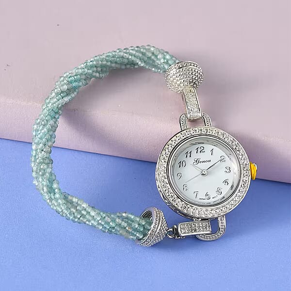 Genoa Miyota Japanese Movement Apatite White Zircon 61.00 Ctw Beaded Multi Strand Bracelet Watch (8.0 In)