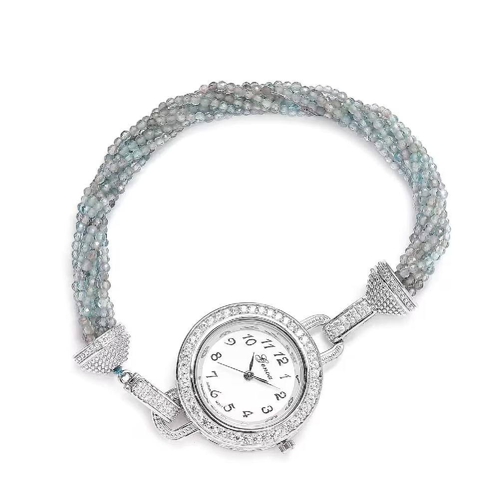 Genoa Miyota Japanese Movement Apatite White Zircon 61.00 ctw Beaded Multi Strand Bracelet Watch (8.0 in)