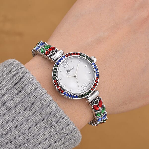 Genoa Multi Color Austrian Crystal Japanese Movement MOP Dail Watch In Silvertone