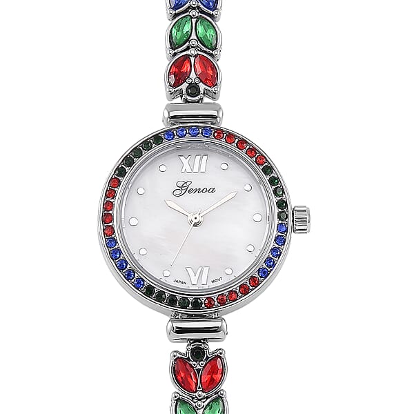 Genoa Multi Color Austrian Crystal Japanese Movement MOP Dail Watch In Silvertone