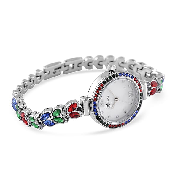 Genoa Multi Color Austrian Crystal Japanese Movement MOP Dail Watch In Silvertone