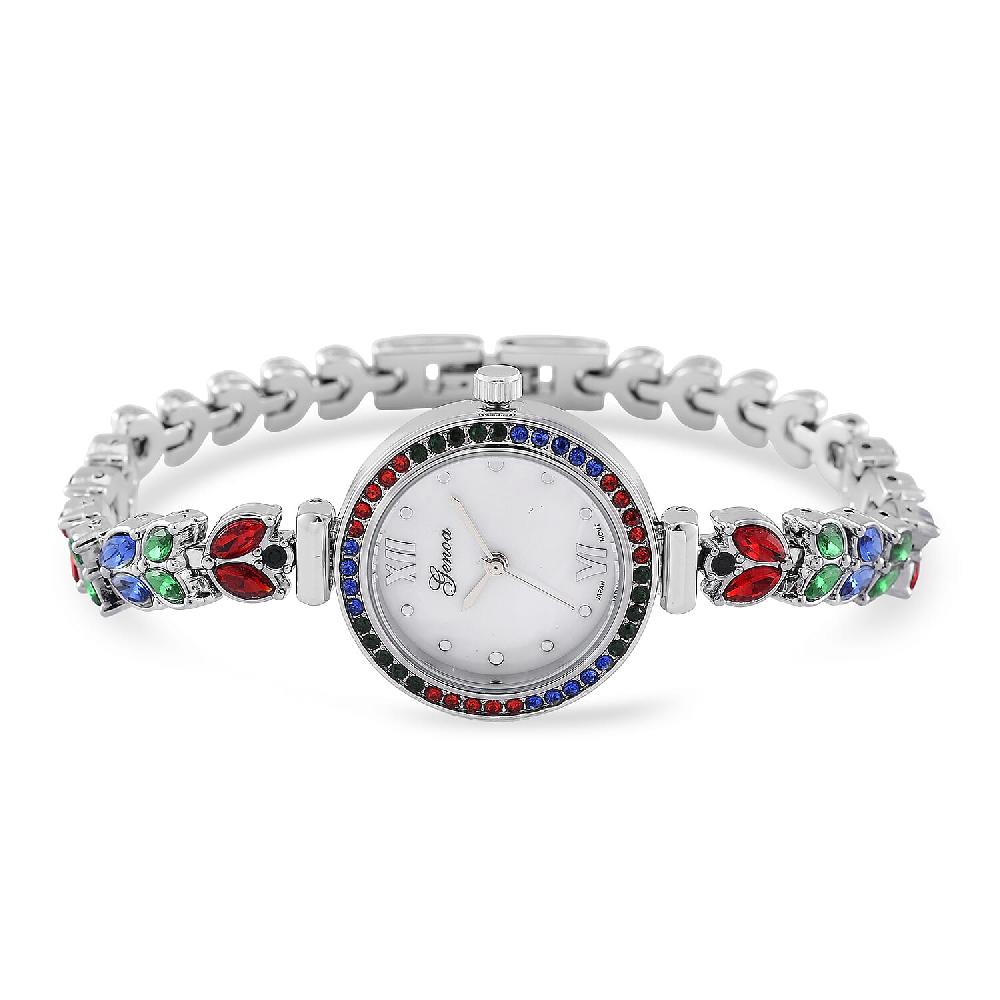Genoa Multi Color Austrian Crystal Japanese Movement MOP Dail Watch in Silvertone