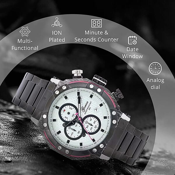 Genoa Multi-Functional Quartz Movement Watch With White Dial & ION Plated Black Stainless Steel Strap (49 Mm)