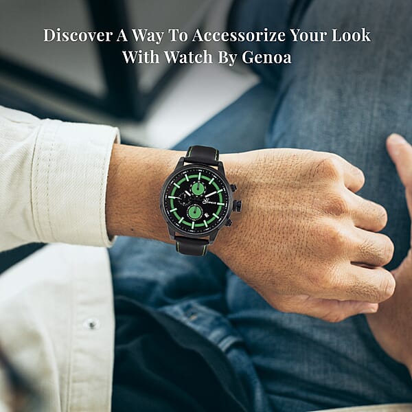 Genoa Multifunctional Quartz Movement Watch With Black Leather Strap (47mm) (5.25-7.25 Inches)