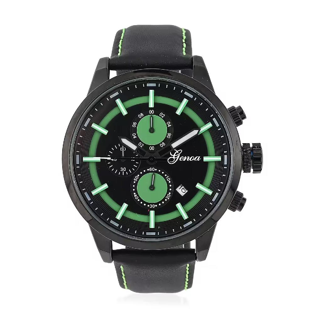 Genoa Multifunctional Quartz Movement Watch with Black Leather Strap (47mm) (5.25-7.25 Inches)