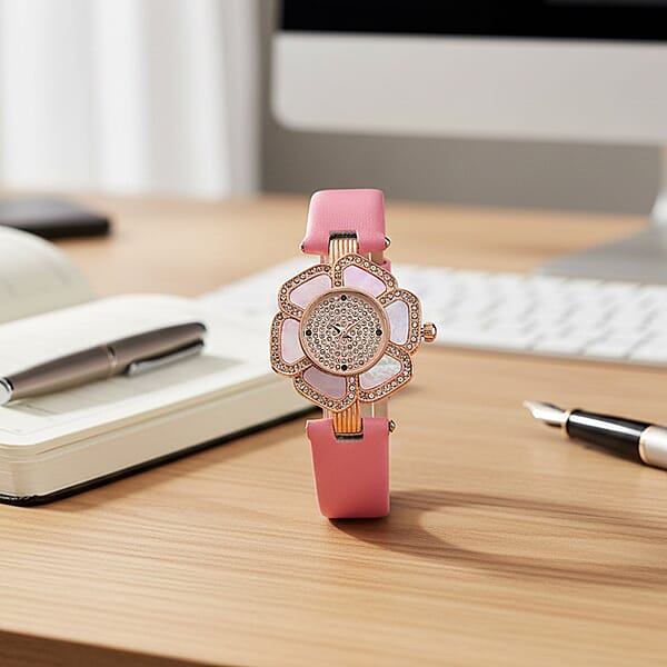 Genoa Pink Mother Of Pearl And Austrian Crystal Miyota Japanese Movement Floral Watch With Pink Leather Strap
