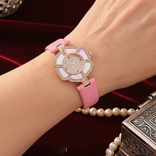 Genoa Pink Mother Of Pearl And Austrian Crystal Miyota Japanese Movement Floral Watch With Pink Leather Strap
