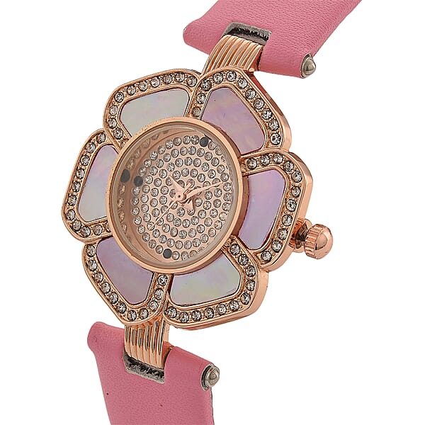 Genoa Pink Mother Of Pearl And Austrian Crystal Miyota Japanese Movement Floral Watch With Pink Leather Strap