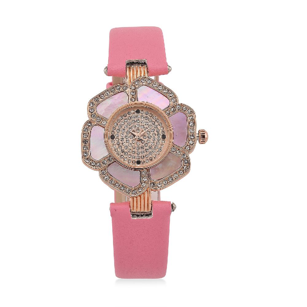 Genoa Pink Mother of Pearl and Austrian Crystal Miyota Japanese Movement Floral Watch with Pink Leather Strap