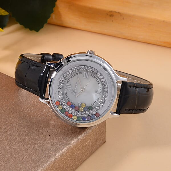 Genoa Simulated Multi Color Diamond Miyota Japanese Movement Watch With Black Genuine Leather Strap (36mm) (6.0-8.0 Inches) 0.30 Ctw
