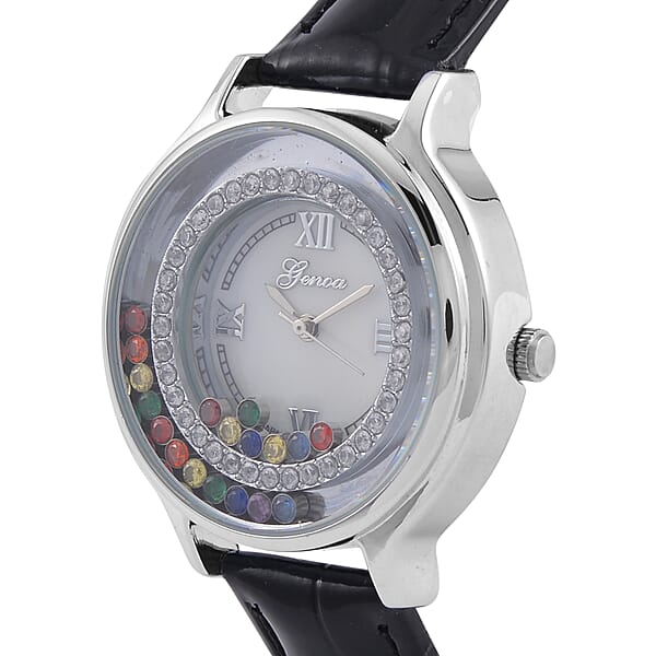 Genoa Simulated Multi Color Diamond Miyota Japanese Movement Watch With Black Genuine Leather Strap (36mm) (6.0-8.0 Inches) 0.30 Ctw