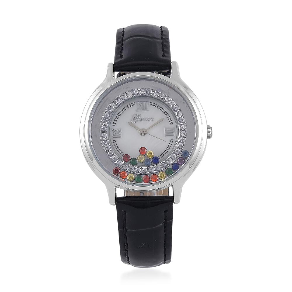 Genoa Simulated Multi Color Diamond Miyota Japanese Movement Watch with Black Genuine Leather Strap (36mm) (6.0-8.0 Inches) 0.30 ctw