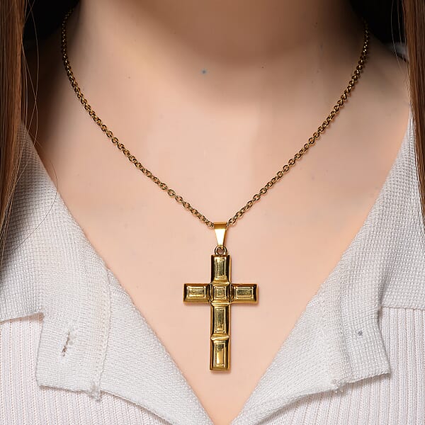 Geometric Cross Pendant Necklace In ION Plated YG Stainless Steel 20-22 Inches