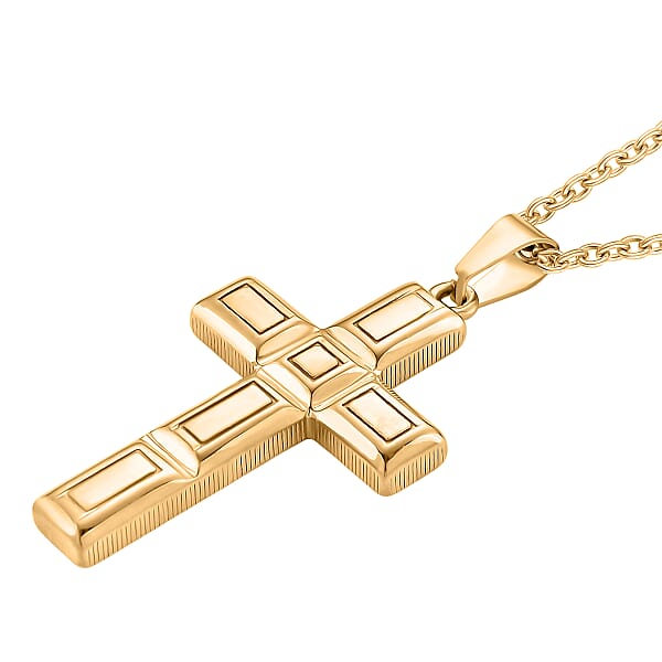 Geometric Cross Pendant Necklace In ION Plated YG Stainless Steel 20-22 Inches