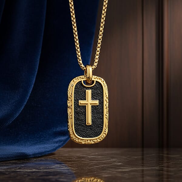 Gold Cross Pendant Necklace In ION Plated YG And Black Oxidized Stainless Steel (20-22 Inches)