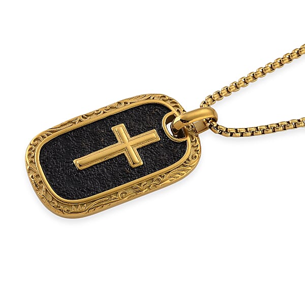 Gold Cross Pendant Necklace In ION Plated YG And Black Oxidized Stainless Steel (20-22 Inches)