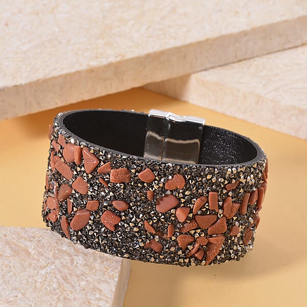 Gold Sandstone And Gray Austrian Crystal Bracelet In Silvertone (7.50 In)