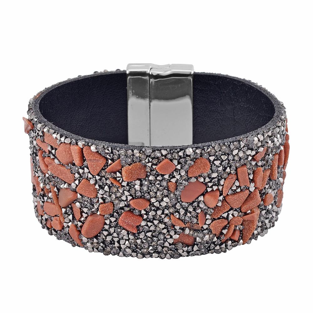 Gold Sandstone and Gray Austrian Crystal Bracelet in Silvertone (7.50 In)