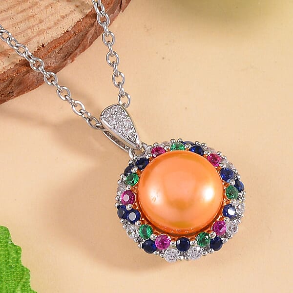 Golden Freshwater Cultured Pearl And Simulated Multi Color Diamond Pendant In Silvertone With Stainless Steel Necklace 20 Inches