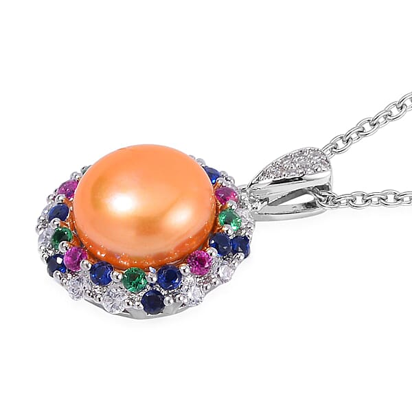 Golden Freshwater Cultured Pearl And Simulated Multi Color Diamond Pendant In Silvertone With Stainless Steel Necklace 20 Inches