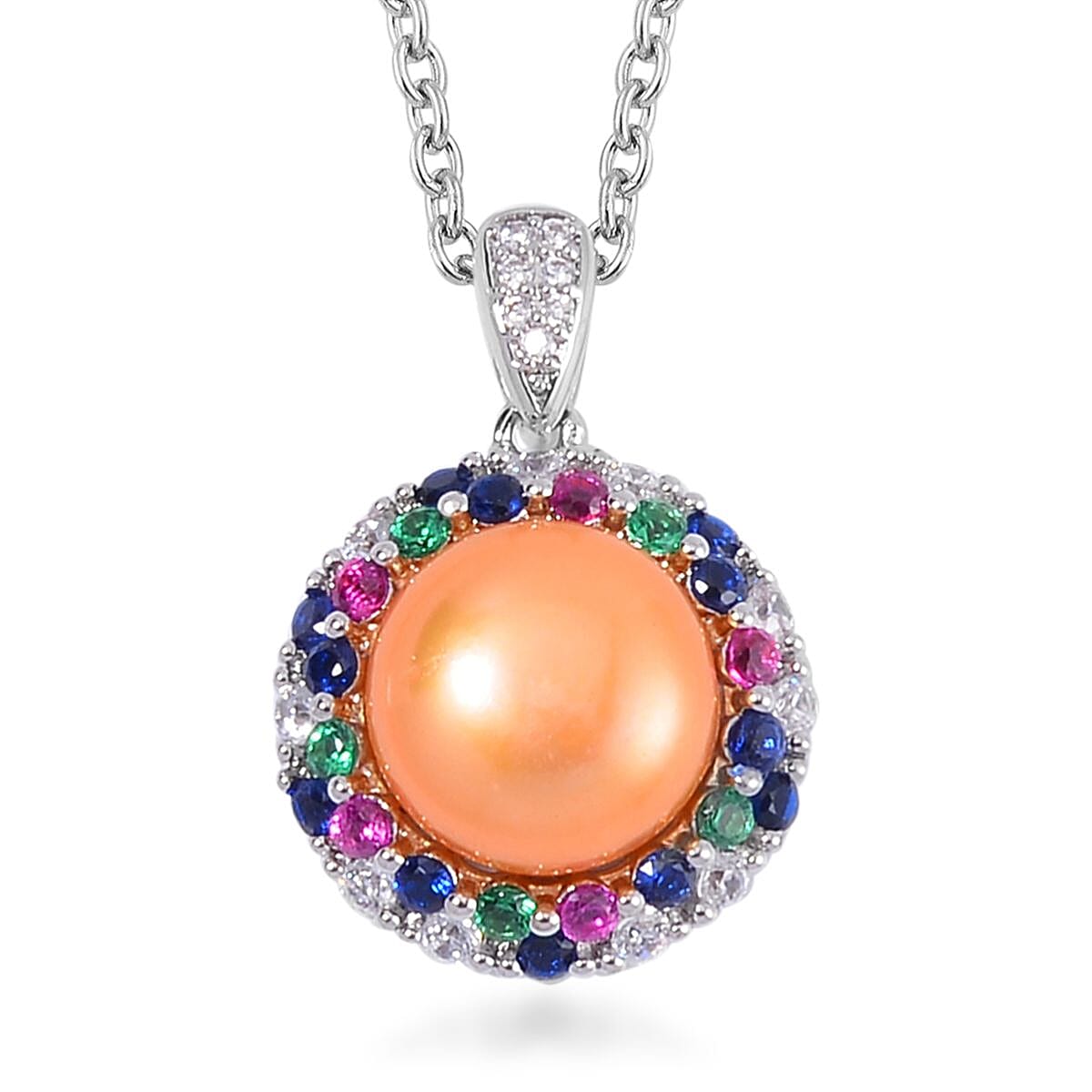 Golden Freshwater Cultured Pearl and Simulated Multi Color Diamond Pendant in Silvertone with Stainless Steel Necklace 20 Inches