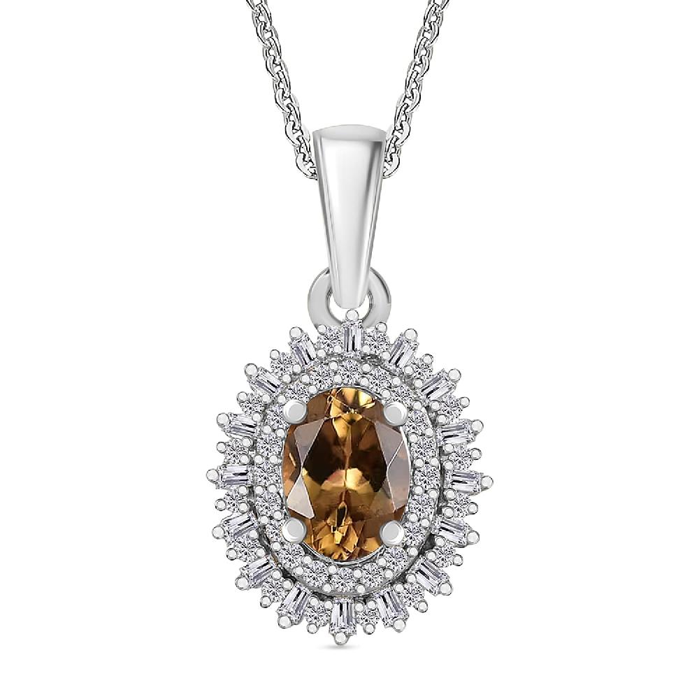 Golden Turkizite and Diamond 1.13 ctw Pendant Necklace in Rhodium Over Sterling Silver 20 Inches (Del. in 10-12 Days)