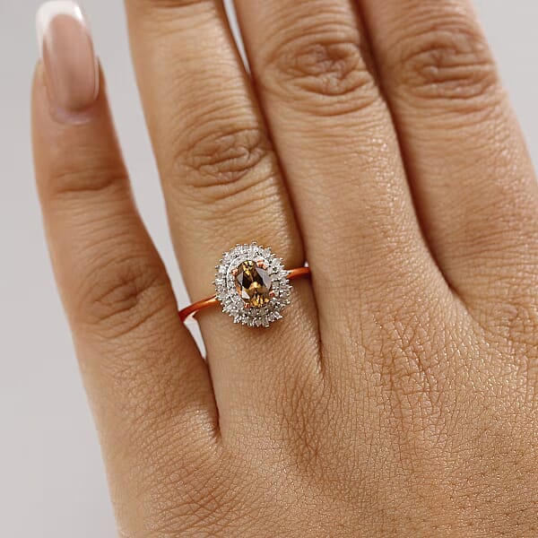 Golden Turkizite And Diamond 1.13 Ctw Ring In 18K Vermeil Rose Gold Over Sterling Silver (Del. In 10-12 Days)