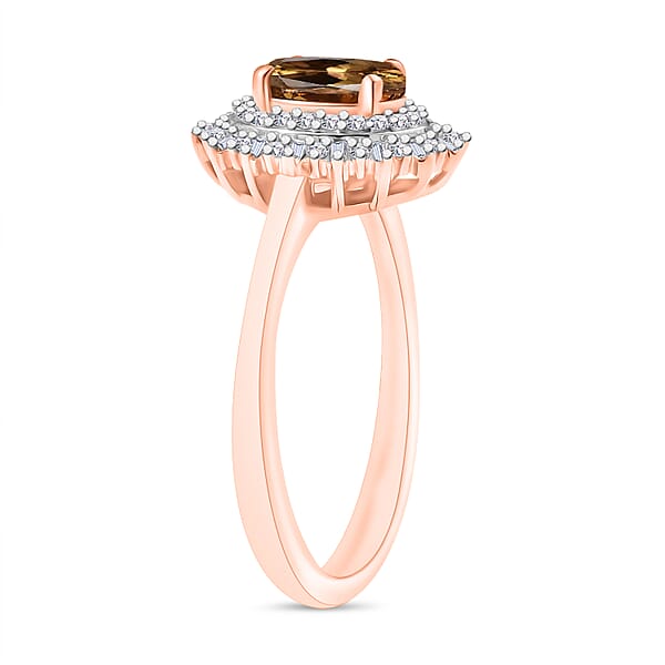 Golden Turkizite And Diamond 1.13 Ctw Ring In 18K Vermeil Rose Gold Over Sterling Silver (Del. In 10-12 Days)