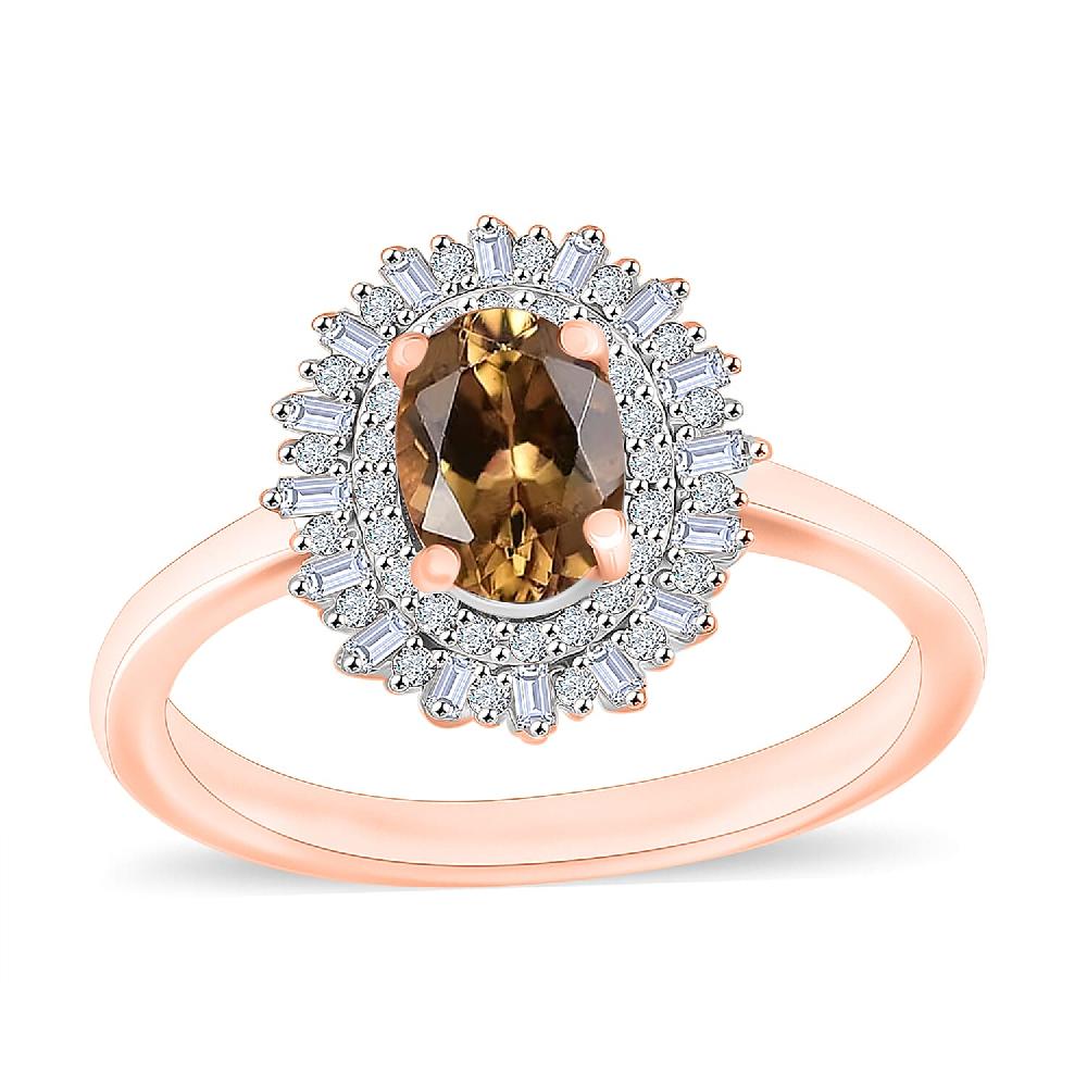 Golden Turkizite and Diamond 1.13 ctw Ring in 18K Vermeil Rose Gold Over Sterling Silver (Del. in 10-12 Days)