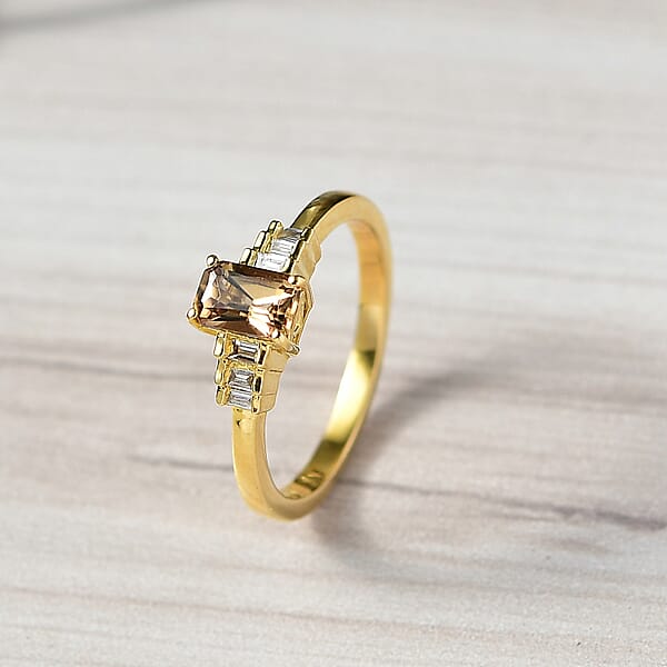 Golden Turkizite And G-H SI Luxuriant Lab Grown Diamond 0.70 Ctw Ring In 18K Vermeil Yellow Gold Over Sterling Silver