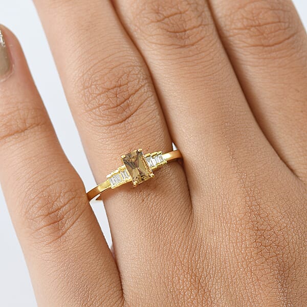 Golden Turkizite And G-H SI Luxuriant Lab Grown Diamond 0.70 Ctw Ring In 18K Vermeil Yellow Gold Over Sterling Silver