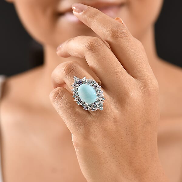 GP Capri Collection Larimar And Multi Gemstone 17.70 Ctw Ring In Rhodium Over Sterling Silver