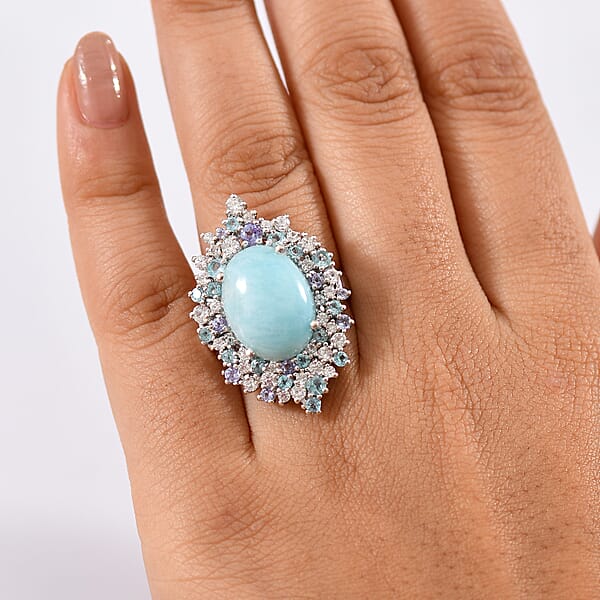 GP Capri Collection Larimar And Multi Gemstone 17.70 Ctw Ring In Rhodium Over Sterling Silver