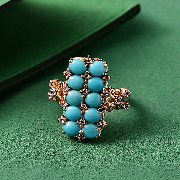 GP Capri Collection Sleeping Beauty Turquoise White Zircon Ring In 18K Vermeil YG Over Sterling Silver 4.00 Ctw