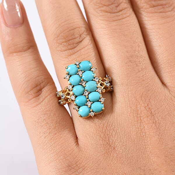 GP Capri Collection Sleeping Beauty Turquoise White Zircon Ring In 18K Vermeil YG Over Sterling Silver 4.00 Ctw