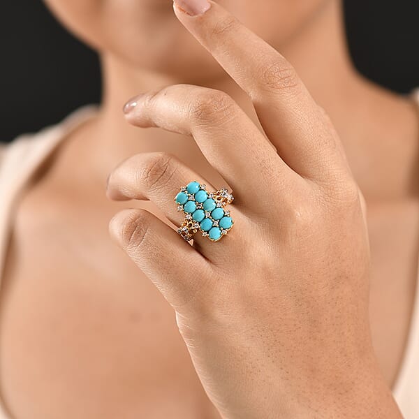 GP Capri Collection Sleeping Beauty Turquoise White Zircon Ring In 18K Vermeil YG Over Sterling Silver 4.00 Ctw